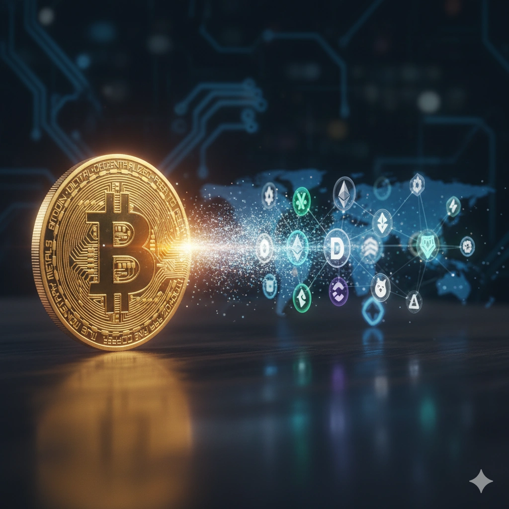 An image showing the evolution from Bitcoin to a diverse range of cryptocurrencies.